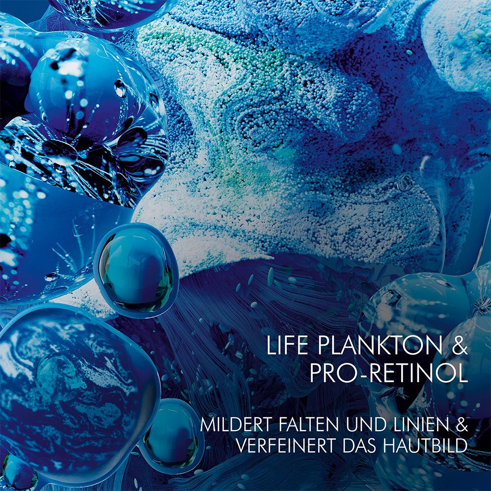 Immagine astratta blu. Testo: LIFE PLANKTON & PRO-RETINOL. Riduce rughe e linee sottili & affina la grana della pelle.
