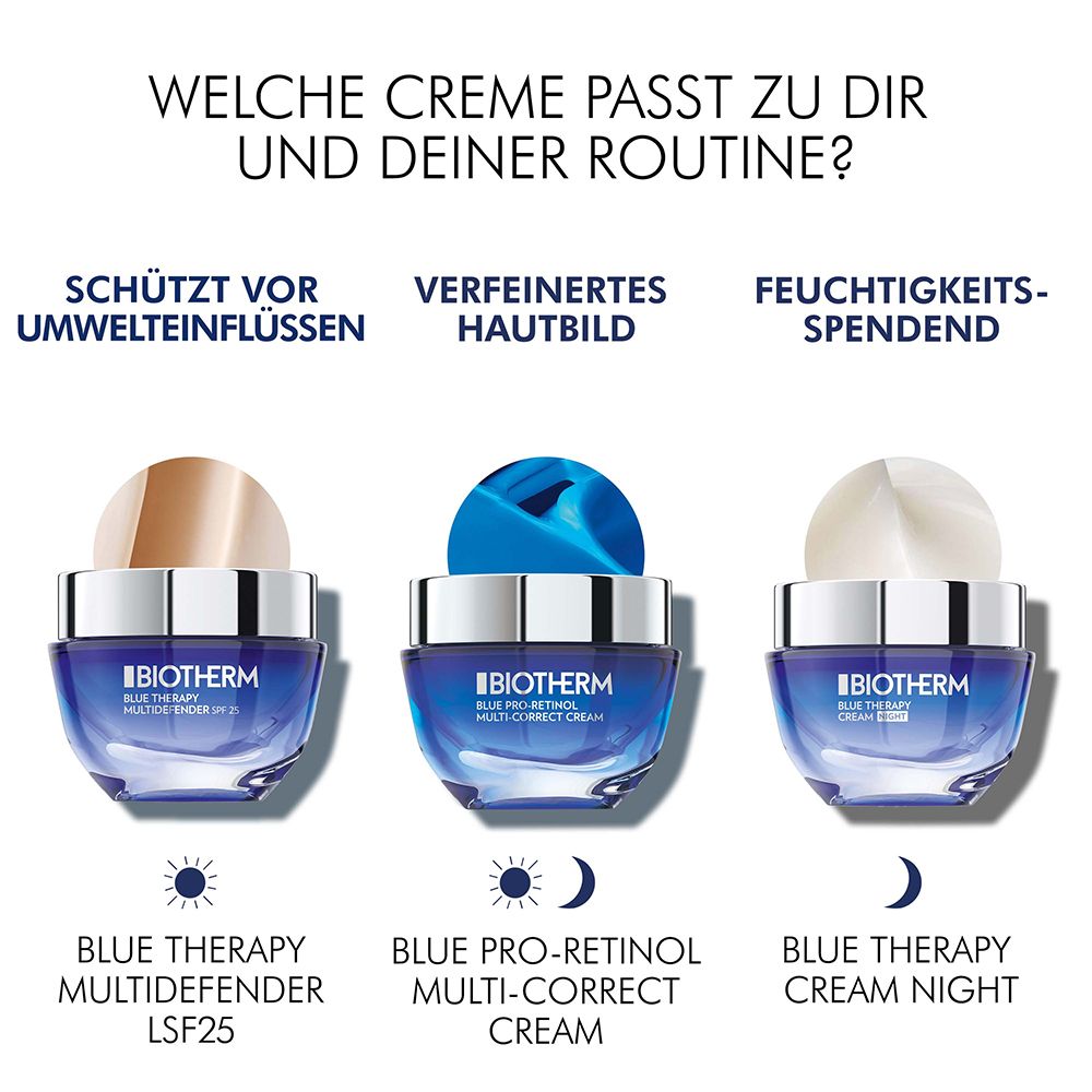 Tre creme BIOTHERM. Testo: Quale crema è adatta a te e alla tua routine? Protegge, affina, idrata.