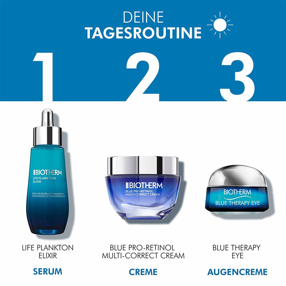 Tre prodotti BIOTHERM. Siero, crema e crema occhi. Testo: La tua routine quotidiana.