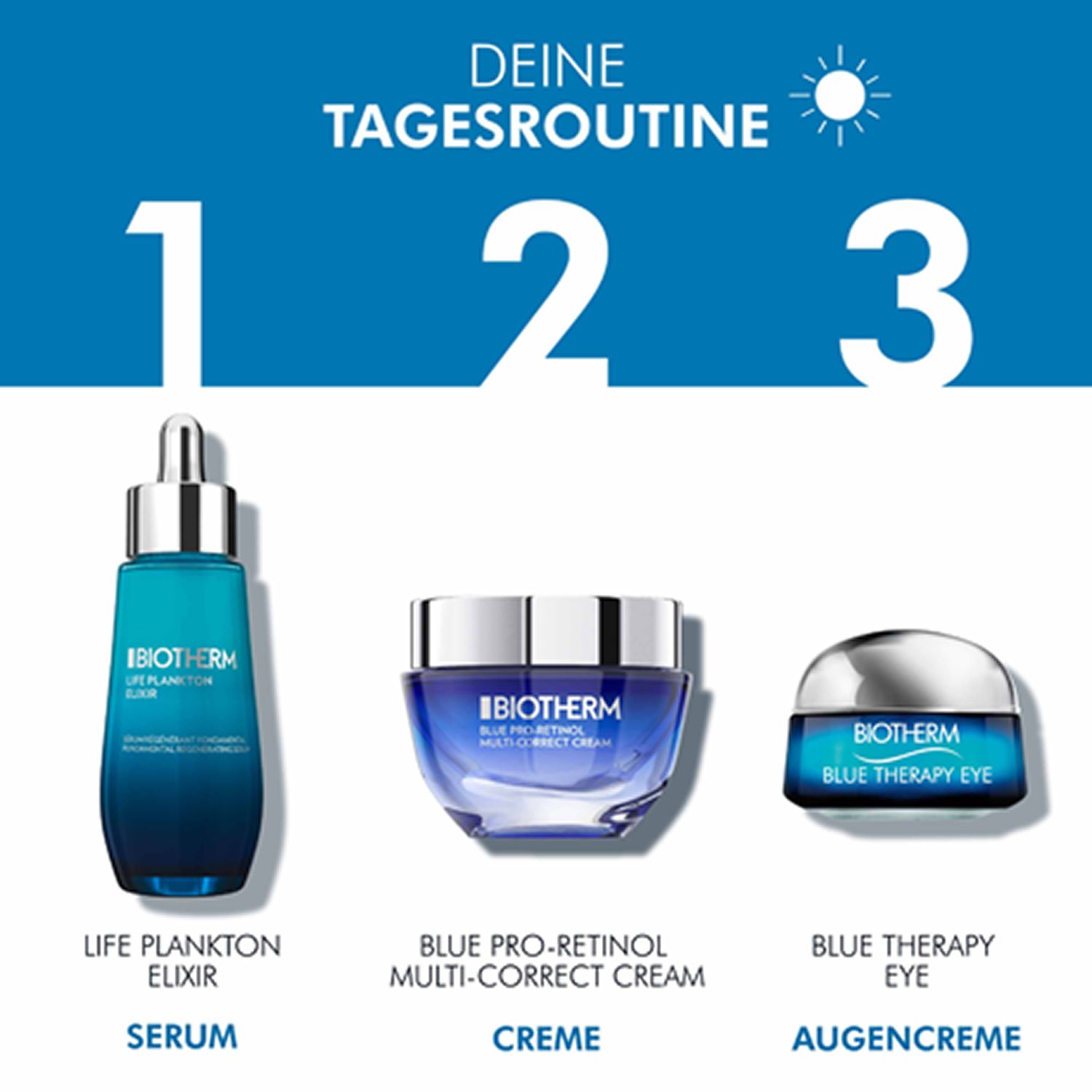 Tre prodotti BIOTHERM. Siero, crema e crema occhi. Testo: La tua routine quotidiana.