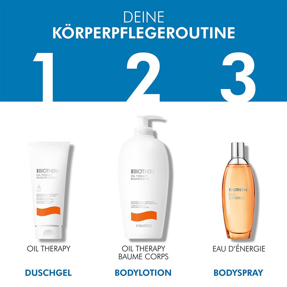 Tre prodotti: gel doccia, lozione per il corpo, spray per il corpo. Testo: OIL THERAPY, EAU D'ÉNERGIE. Grafica blu.