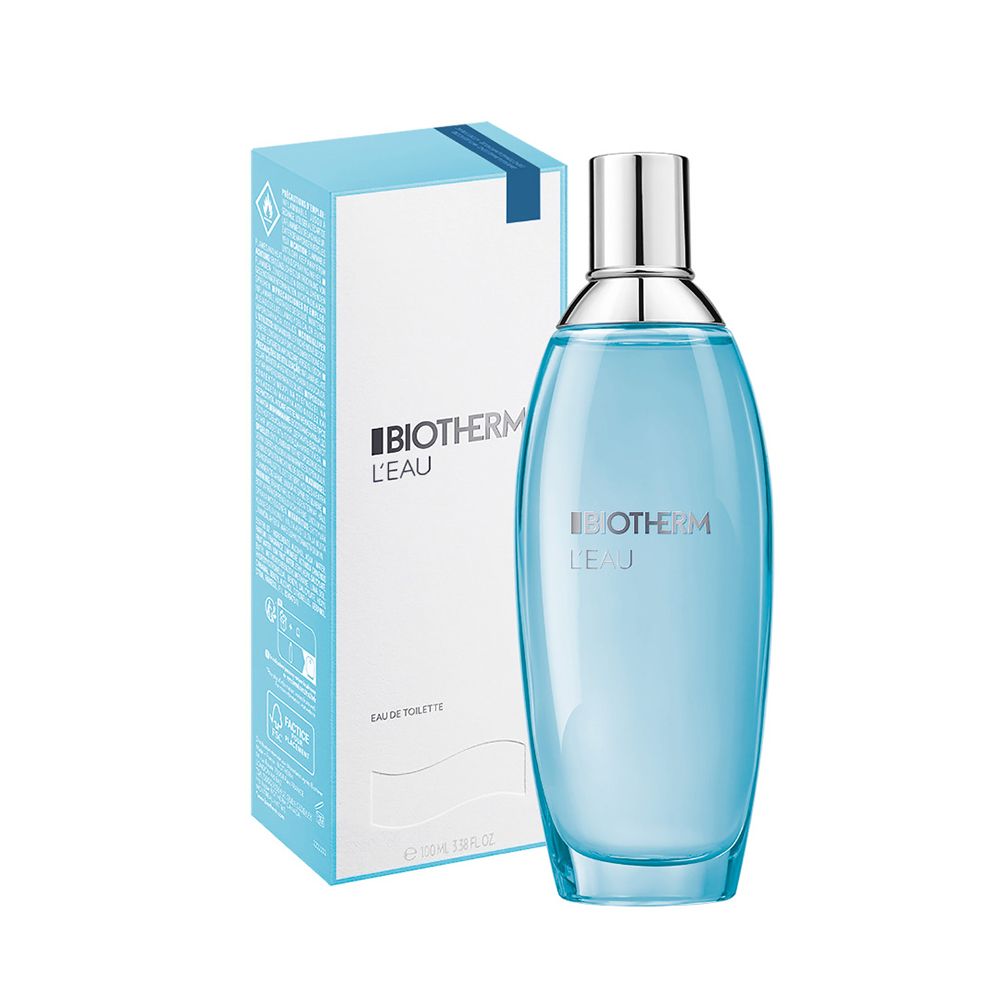 Flacone blu con confezione. Scritta: BIOTHERM L'EAU. Confezione con testo.