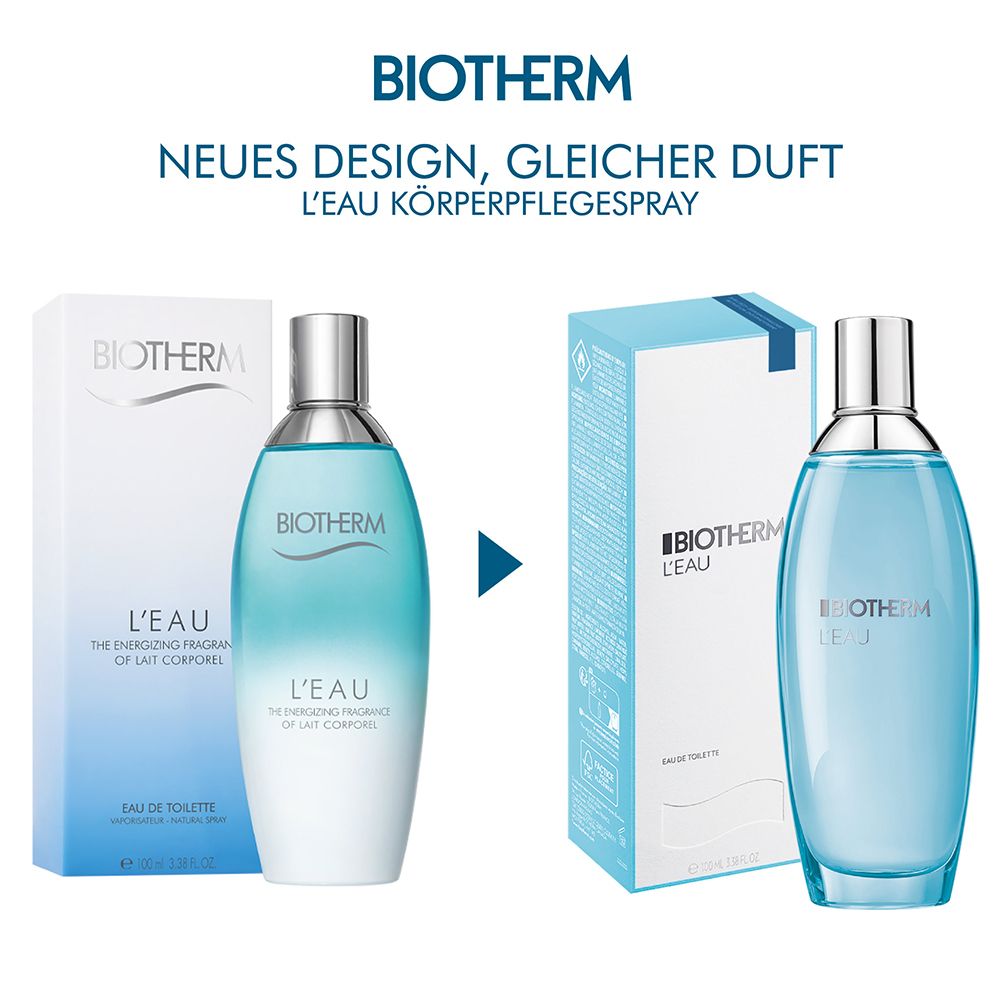 Confronto flacone e confezione. Scritta: BIOTHERM L'EAU. Testo: Nuovo design, stessa fragranza.