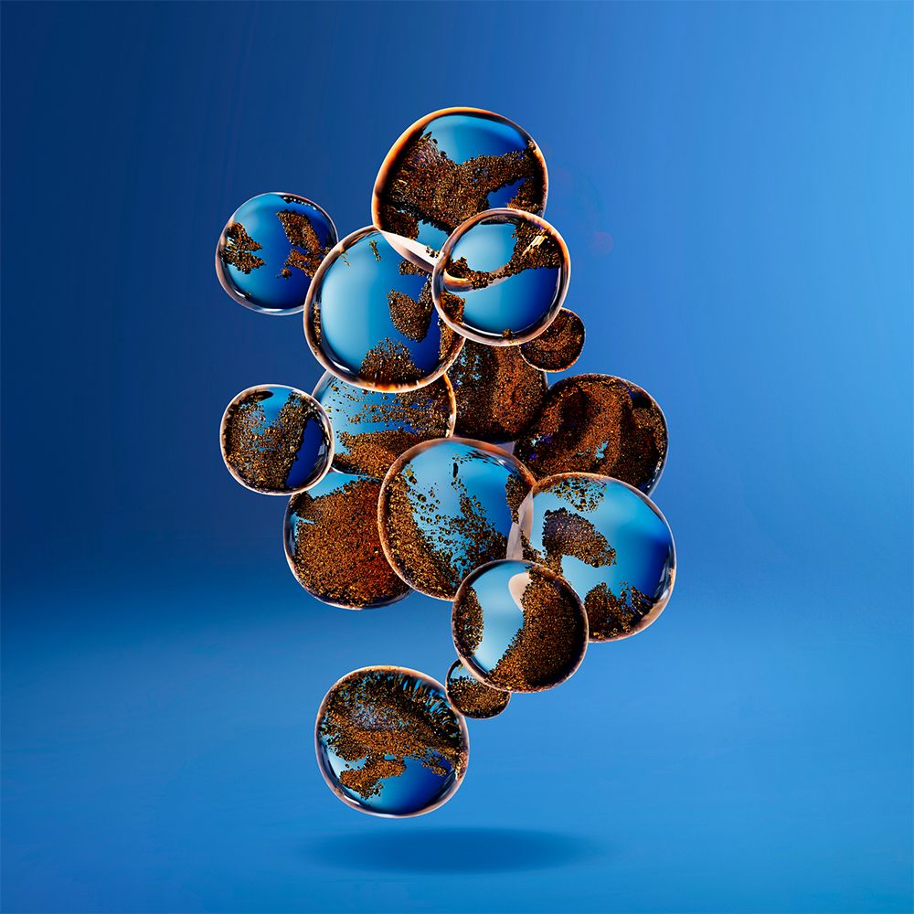 Forme rotonde blu con elementi marroni. Su sfondo blu.