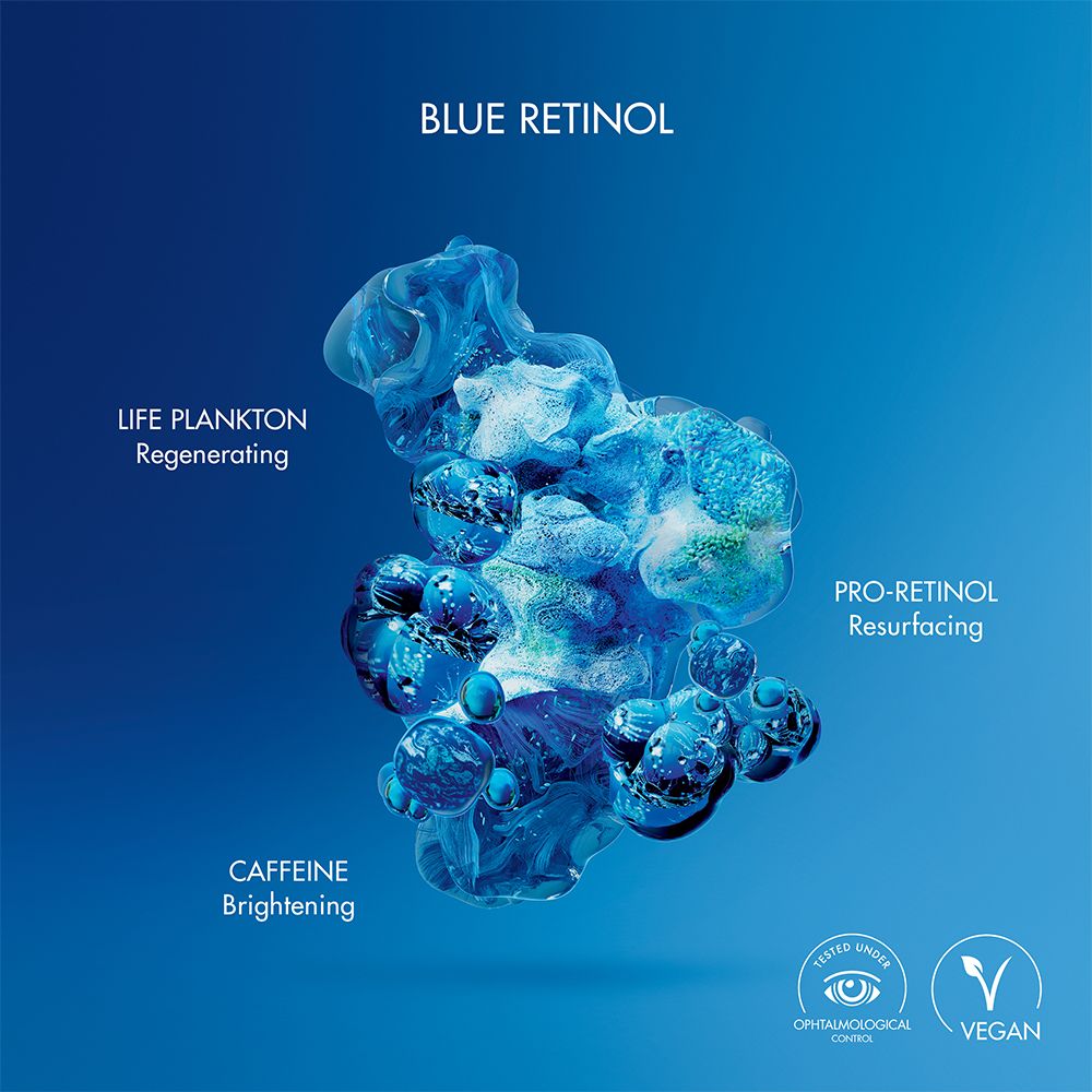Forme blu trasparenti. Testo: BLUE RETINOL, LIFE PLANKTON, PRO-RETINOL, CAFFEINE. Vegano.