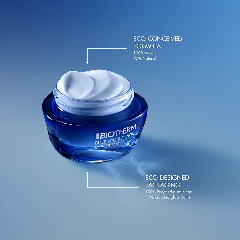 Vasetto blu con crema. Testo: BIOTHERM BLUE PRO-RETINOL EYE CREAM. Formula eco, packaging.