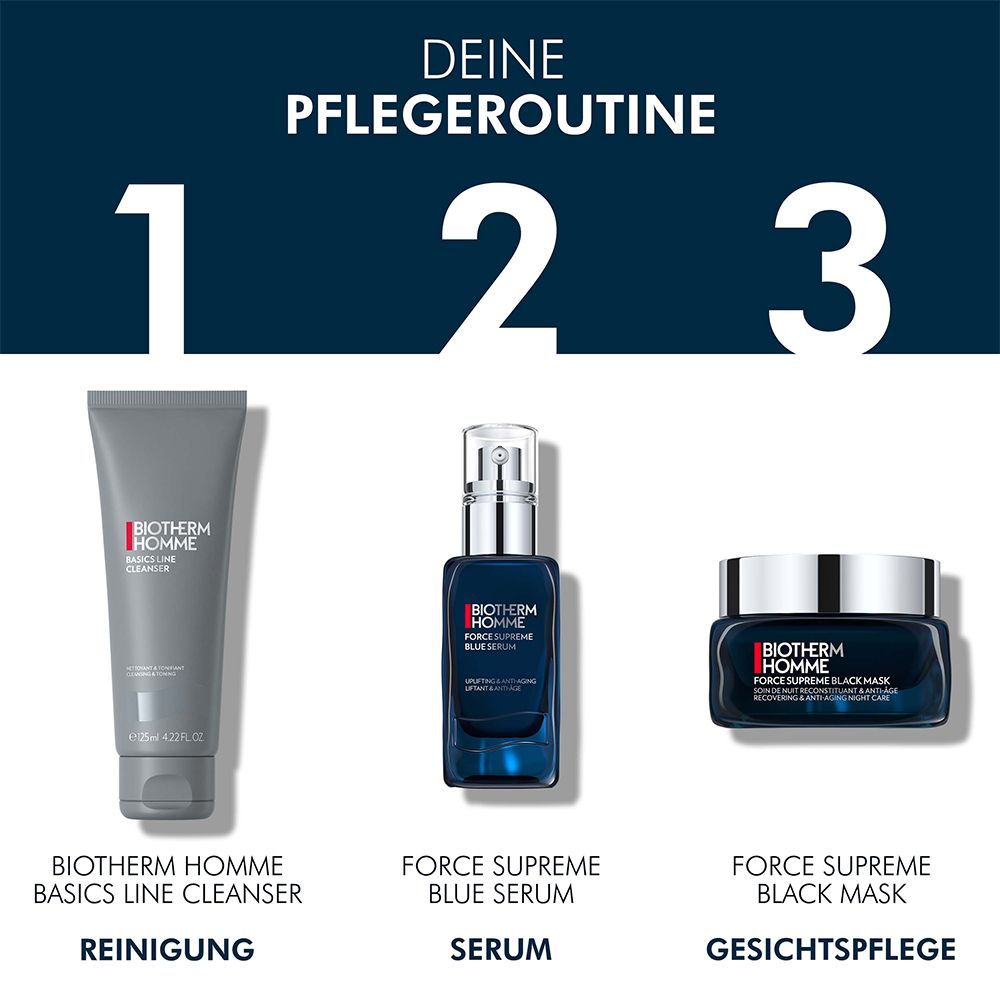 Tre prodotti: BIOTHERM HOMME BASICS LINE CLEANSER, FORCE SUPREME BLUE SERUM, FORCE SUPREME BLACK MASK. Routine di cura.