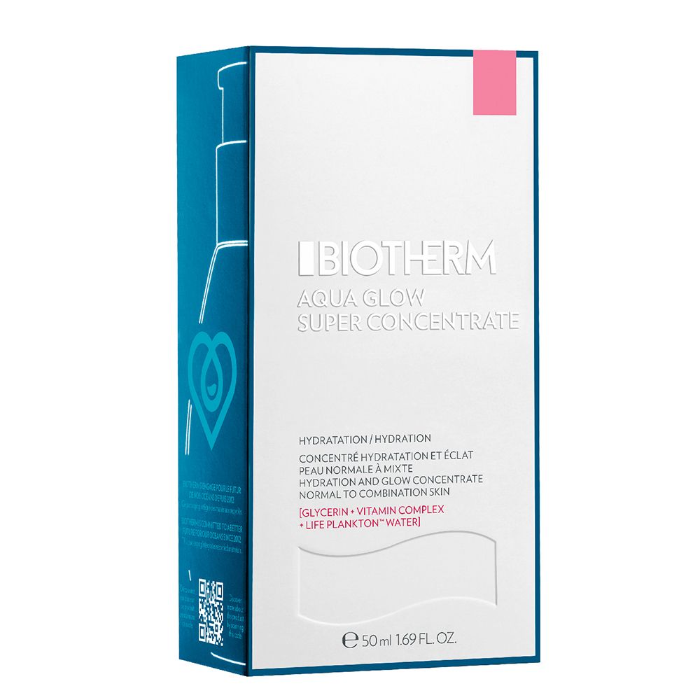 Confezione blu e bianca. BIOTHERM Aqua Glow Super Concentrate. Testo: Hydratation, Concentré Hydratation et Éclat, 50ml, 1.69 FL. OZ.