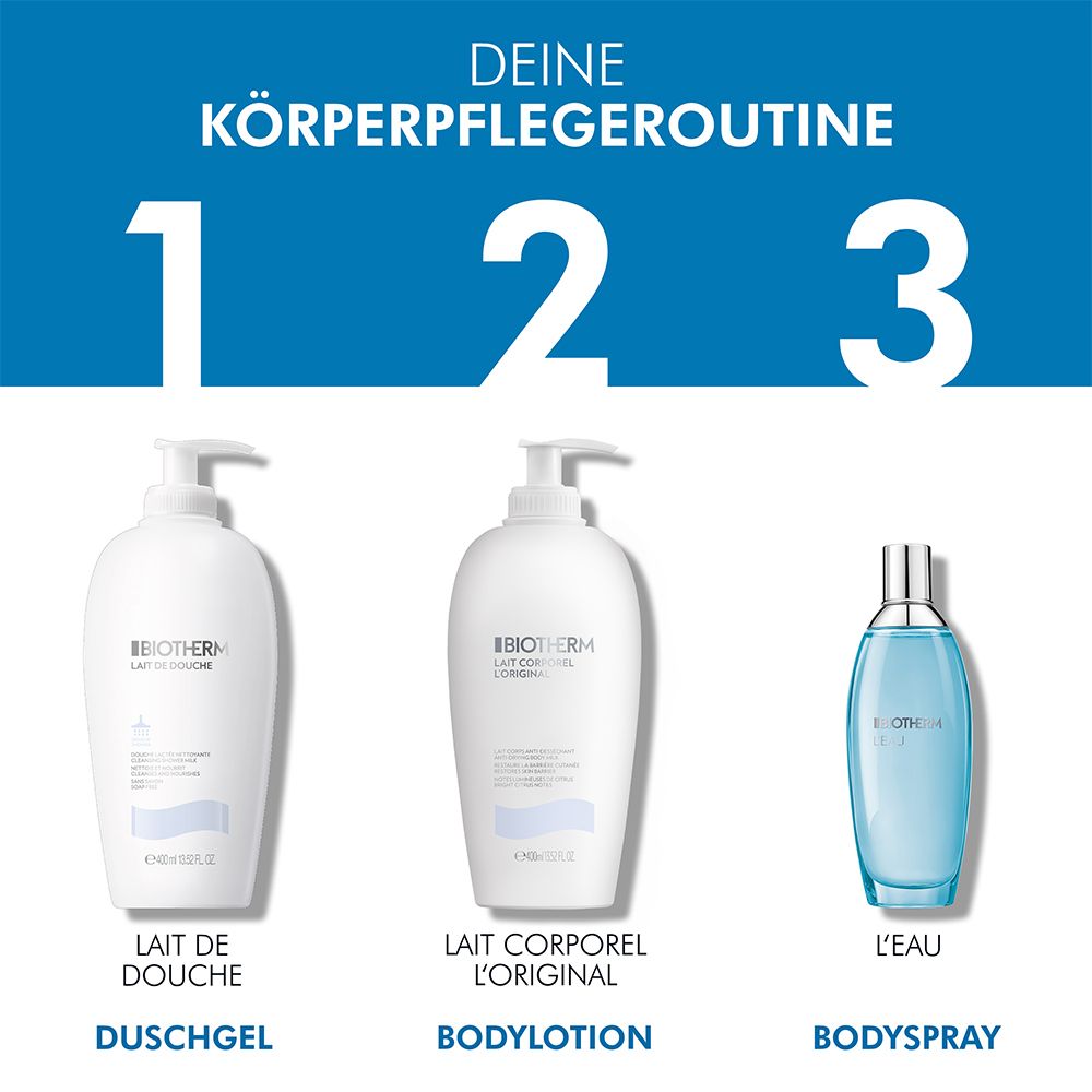 Tre prodotti BIOTHERM: Lait de Douche, Lait Corporel L'Original e L'Eau Bodyspray. Flaconi bianchi, testo blu.