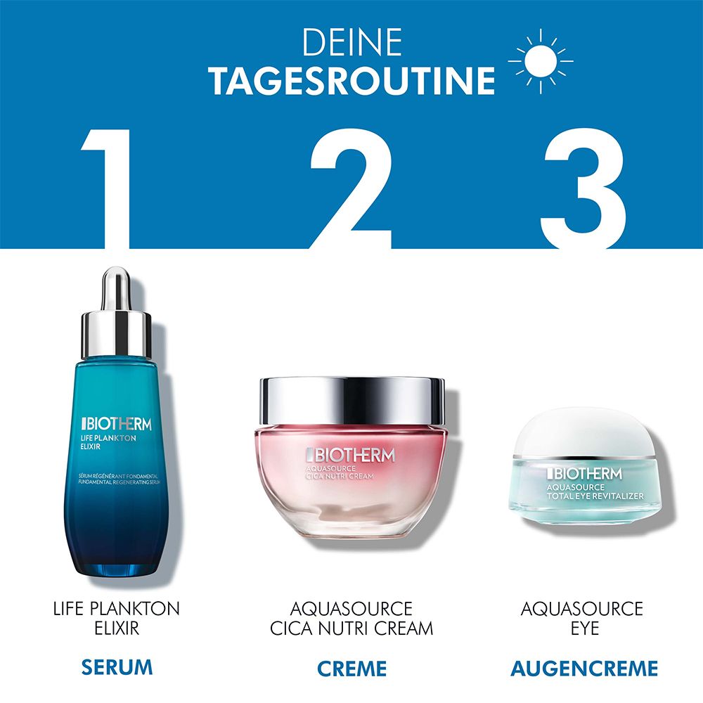 Tre prodotti: siero, crema, crema occhi. BIOTHERM Life Plankton Elixir, Aquasource Cica Nutri Cream.
