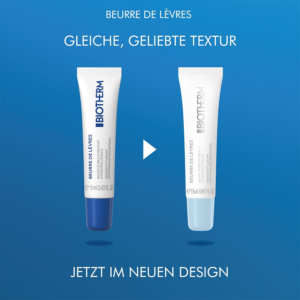 Due tubi di balsamo labbra BIOTHERM. Sinistra: blu. Destra: trasparente. Testo: BEURRE DE LÈVRES. Nuovo design.