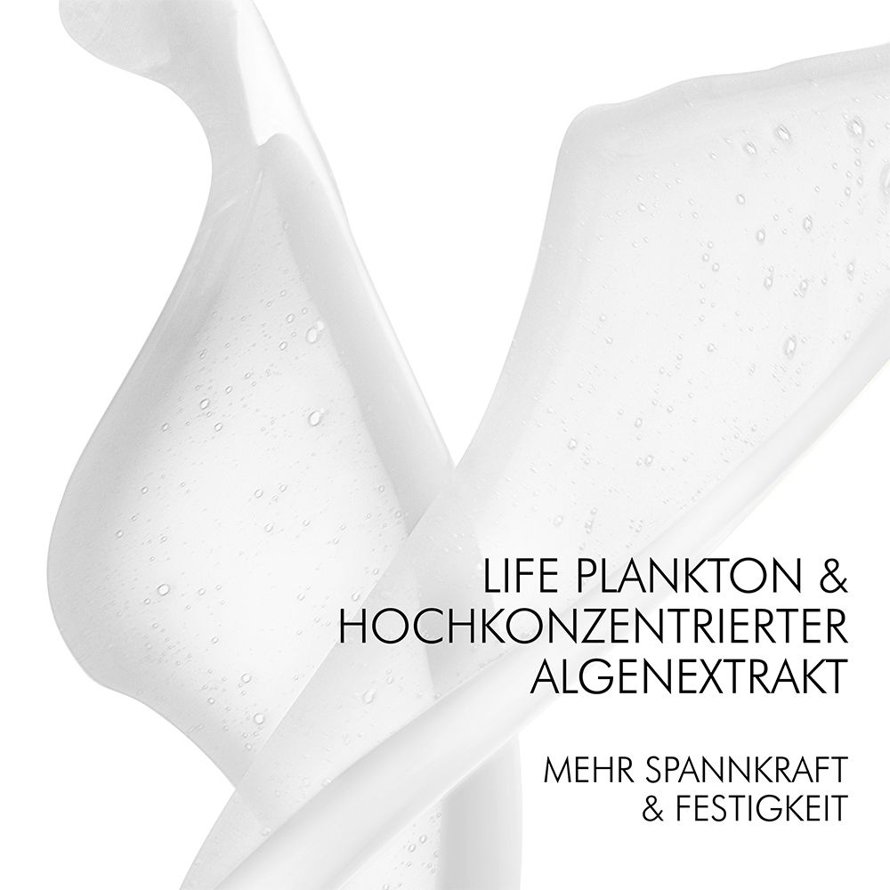 Sfondo bianco. Liquido lattiginoso che scorre. Testo: LIFE PLANKTON & HOCHKONZENTRIERTER ALGENEXTRAKT.