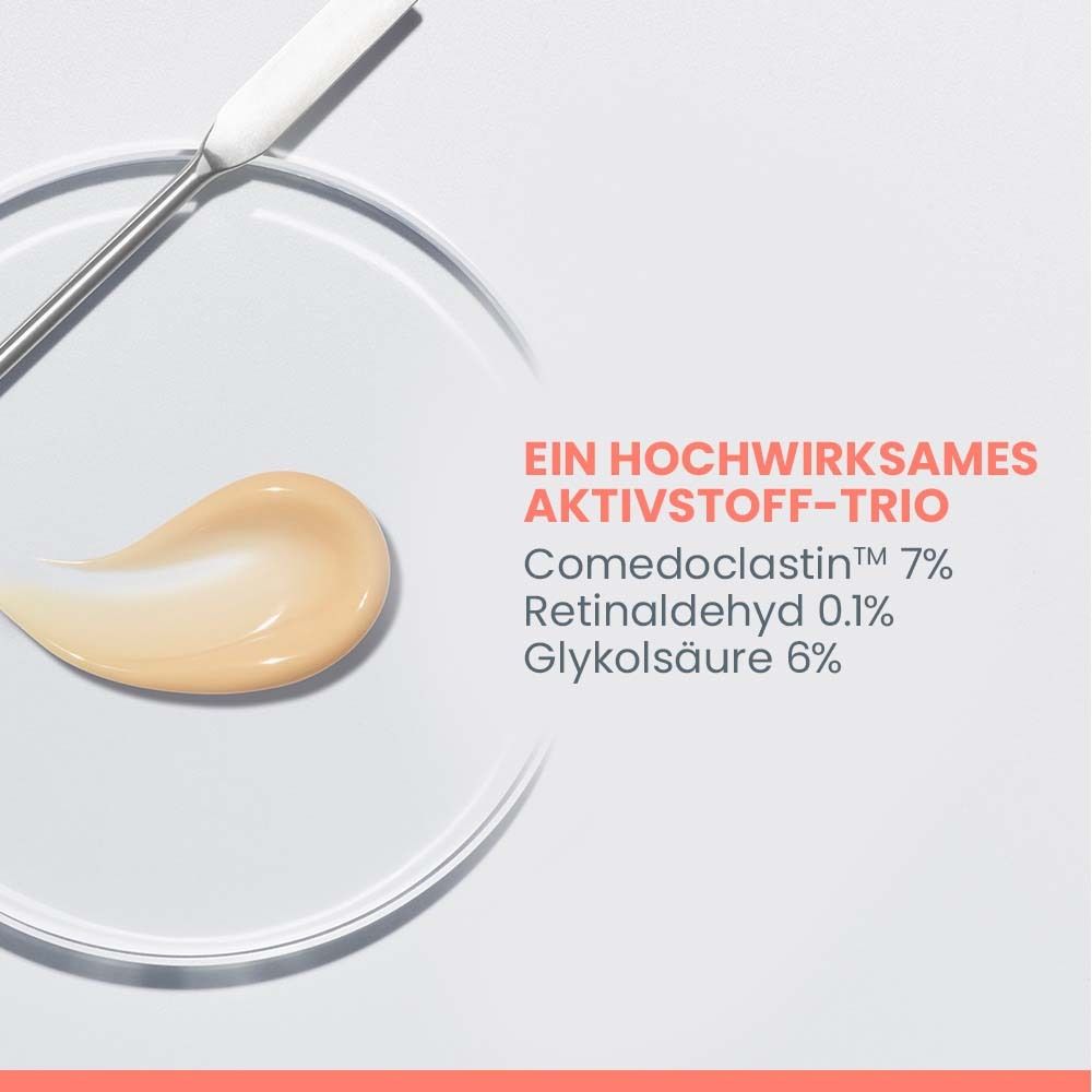 Crema su capsula di Petri con spatola. Contiene Comedoclastina 7%, Retinaldeide 0.1%, Acido glicolico 6%.