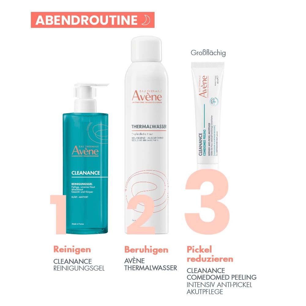 Gel detergente Avene Cleansance, acqua termale e peeling Comedomed.