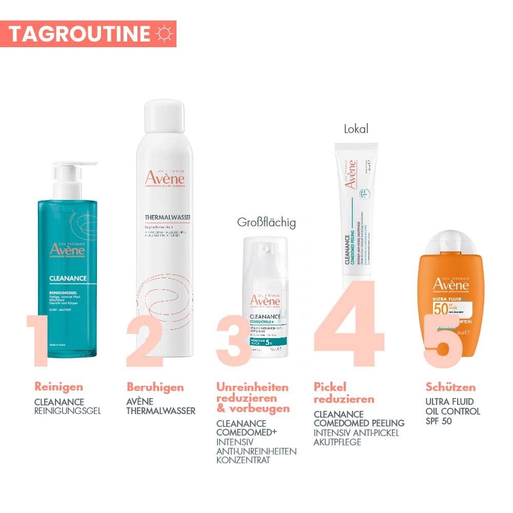 Gel detergente Avene Cleanance in un dispenser blu con pompa.