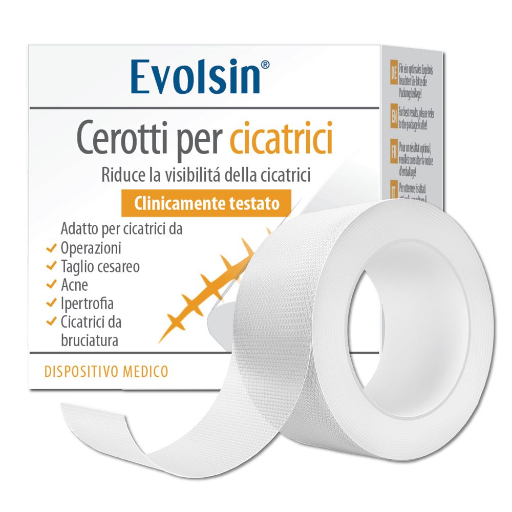 Cerotto per cicatrici Evolsin® in rotolo e confezione. Dispositivo medico. Riduce visibilmente le cicatrici.