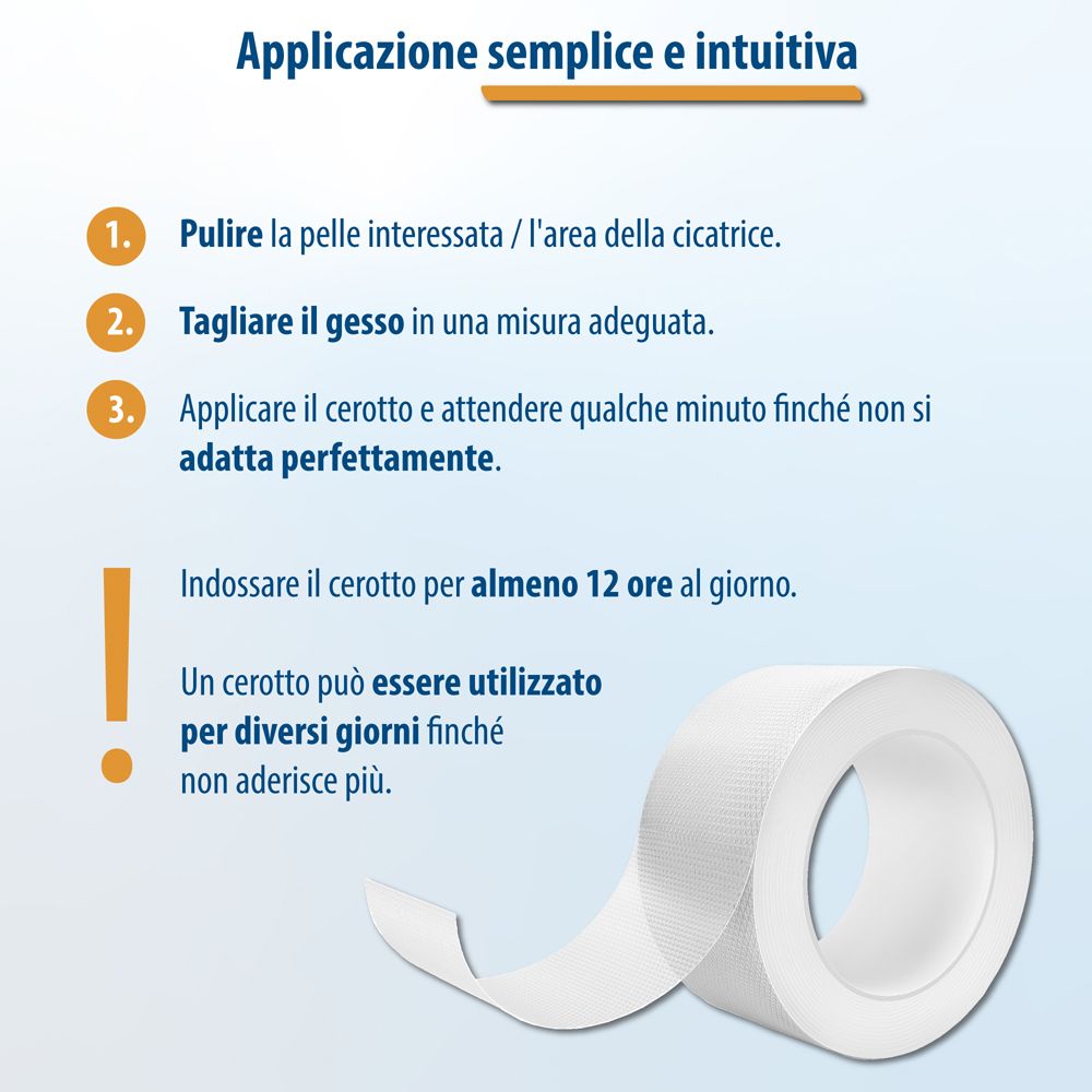 Applicazione del cerotto Evolsin®. Pulire, tagliare, applicare. Indossare almeno 12 ore.
