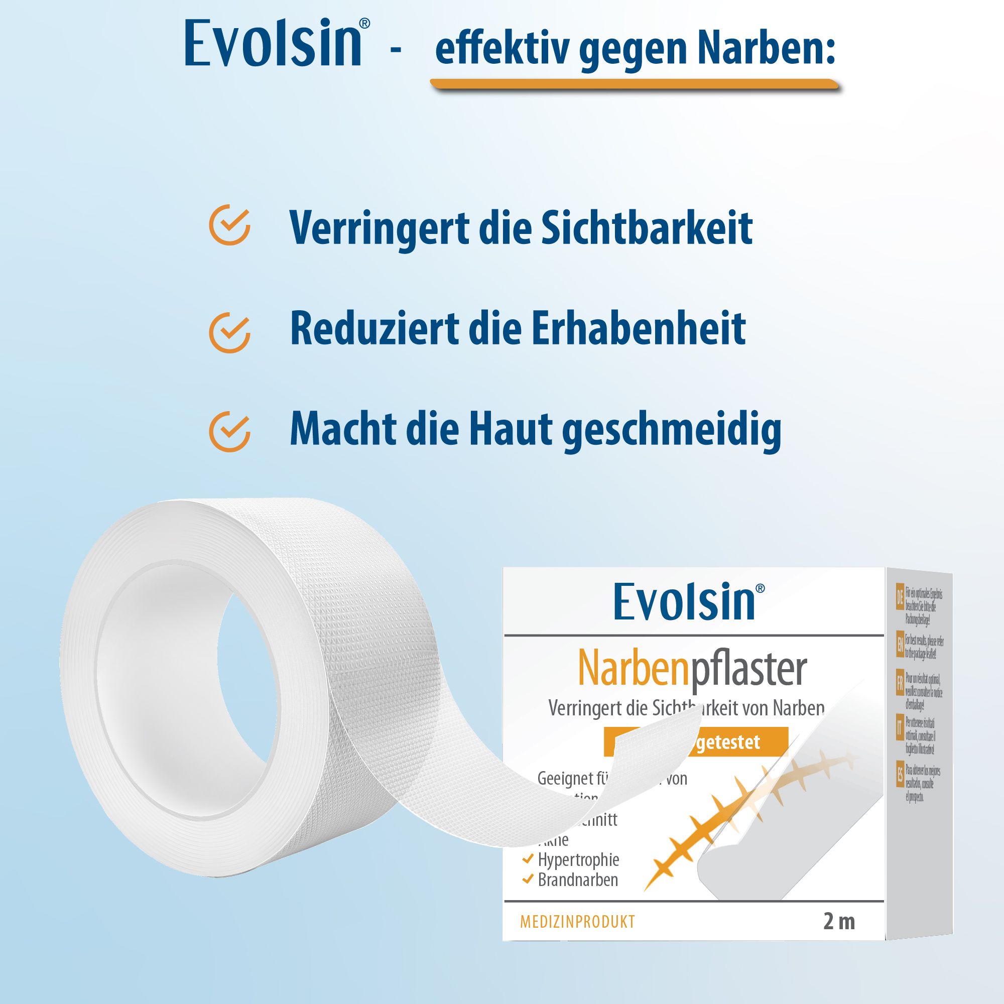 Rotolo di cerotto e confezione. Testo: Evolsin, riduce la visibilità, rende la pelle elastica. Testato clinicamente.