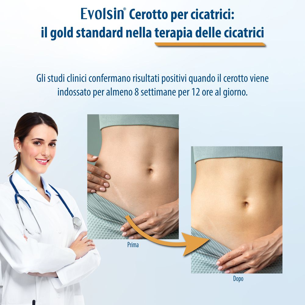 Confronto prima-dopo. Donna con cicatrici sull'addome. Medico con stetoscopio. Cerotto Evolsin®.
