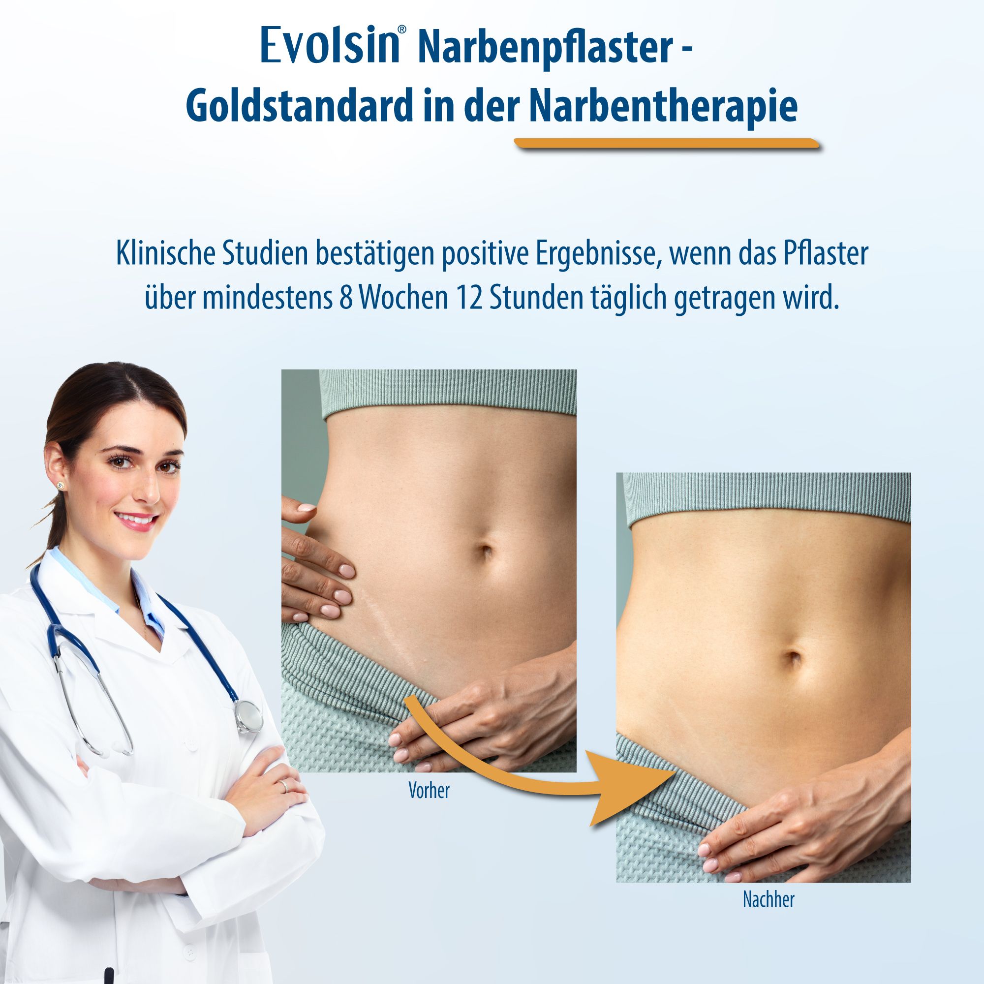Medico con addome. Prima-dopo mostra la riduzione delle cicatrici. Testo: Evolsin, standard nella terapia delle cicatrici.