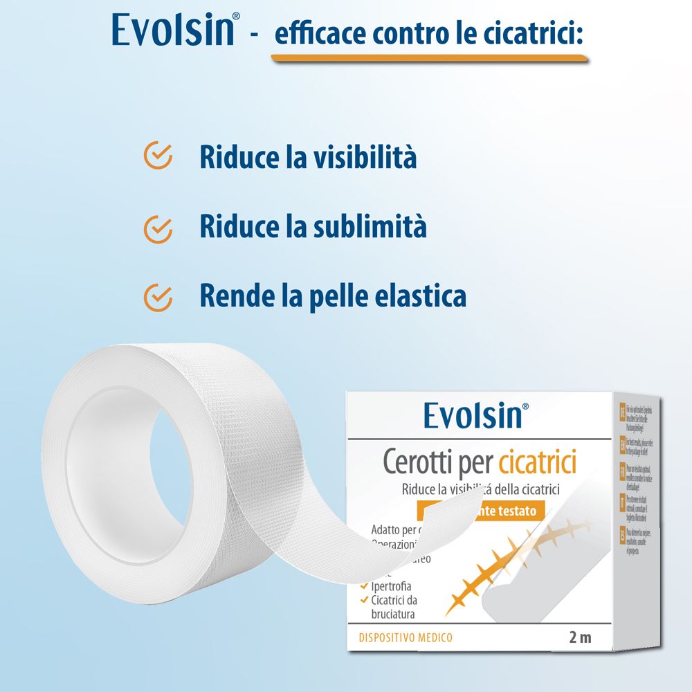 Cerotto Evolsin®. Riduce visibilità, rilievo e rende la pelle elastica. Rotolo e confezione.