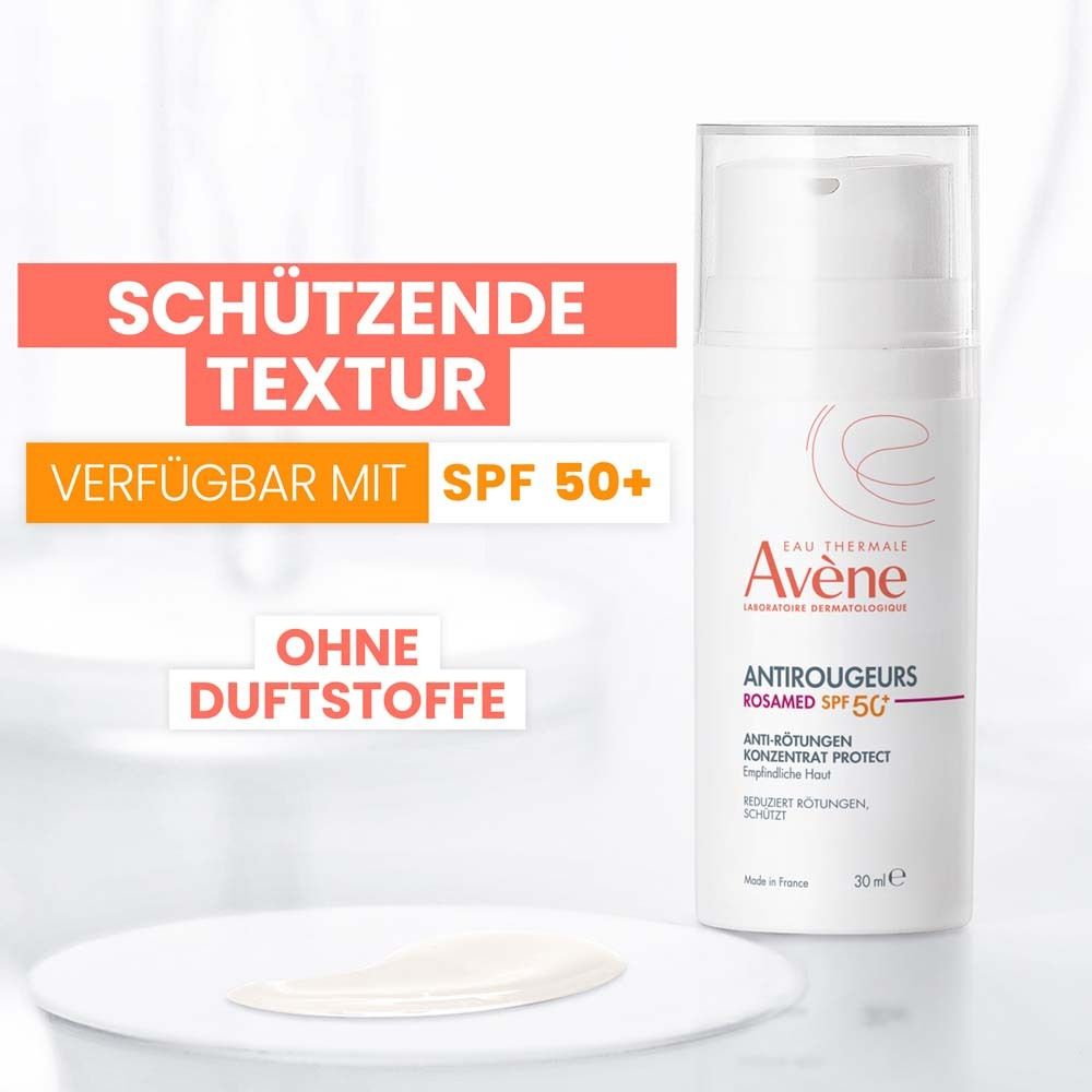 Concentrato Avène Antirougeurs Rosamed SPF50+. Texture protettiva, senza profumo.