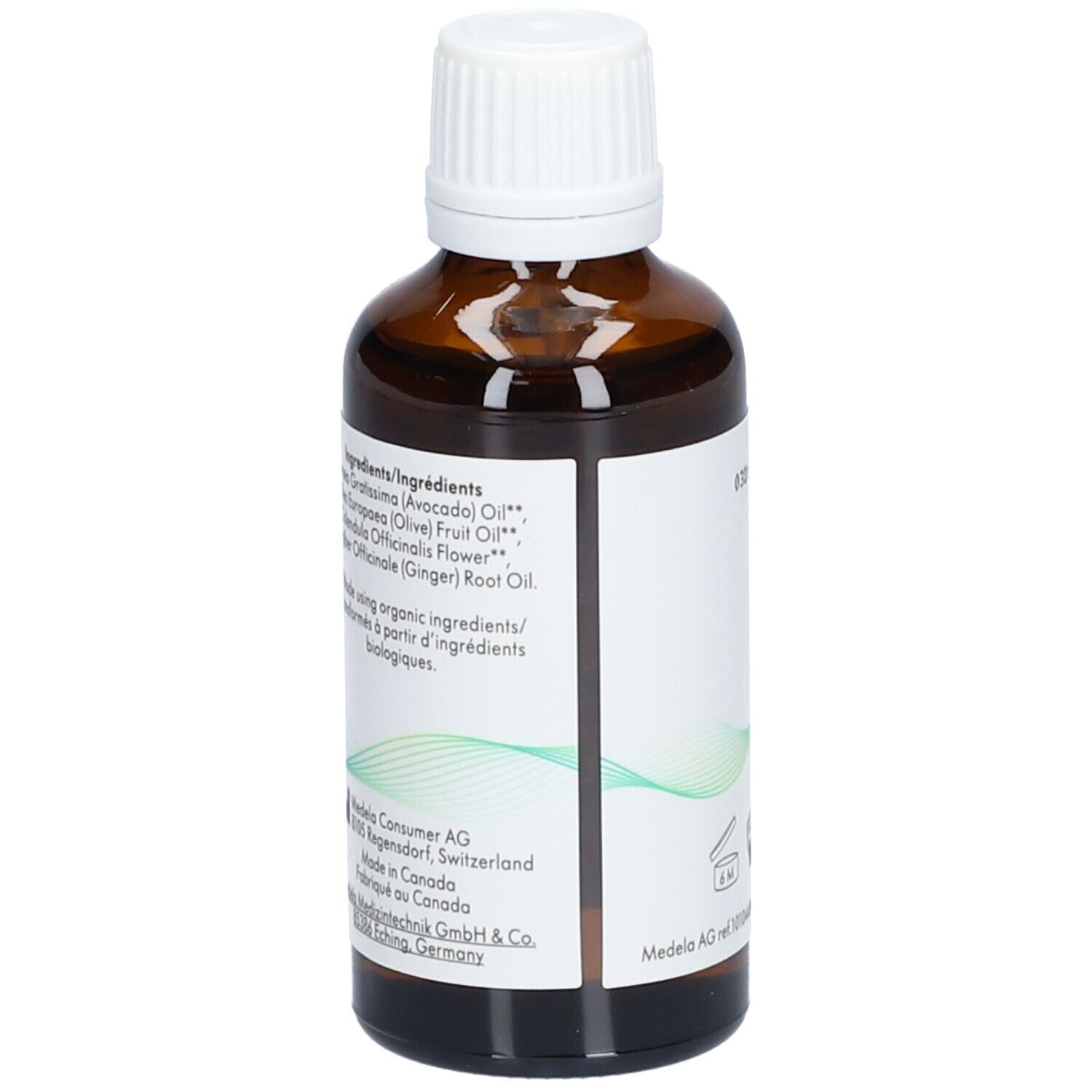 Flacone di vetro marrone con tappo bianco. Retro con elenco degli ingredienti e indirizzo del produttore.