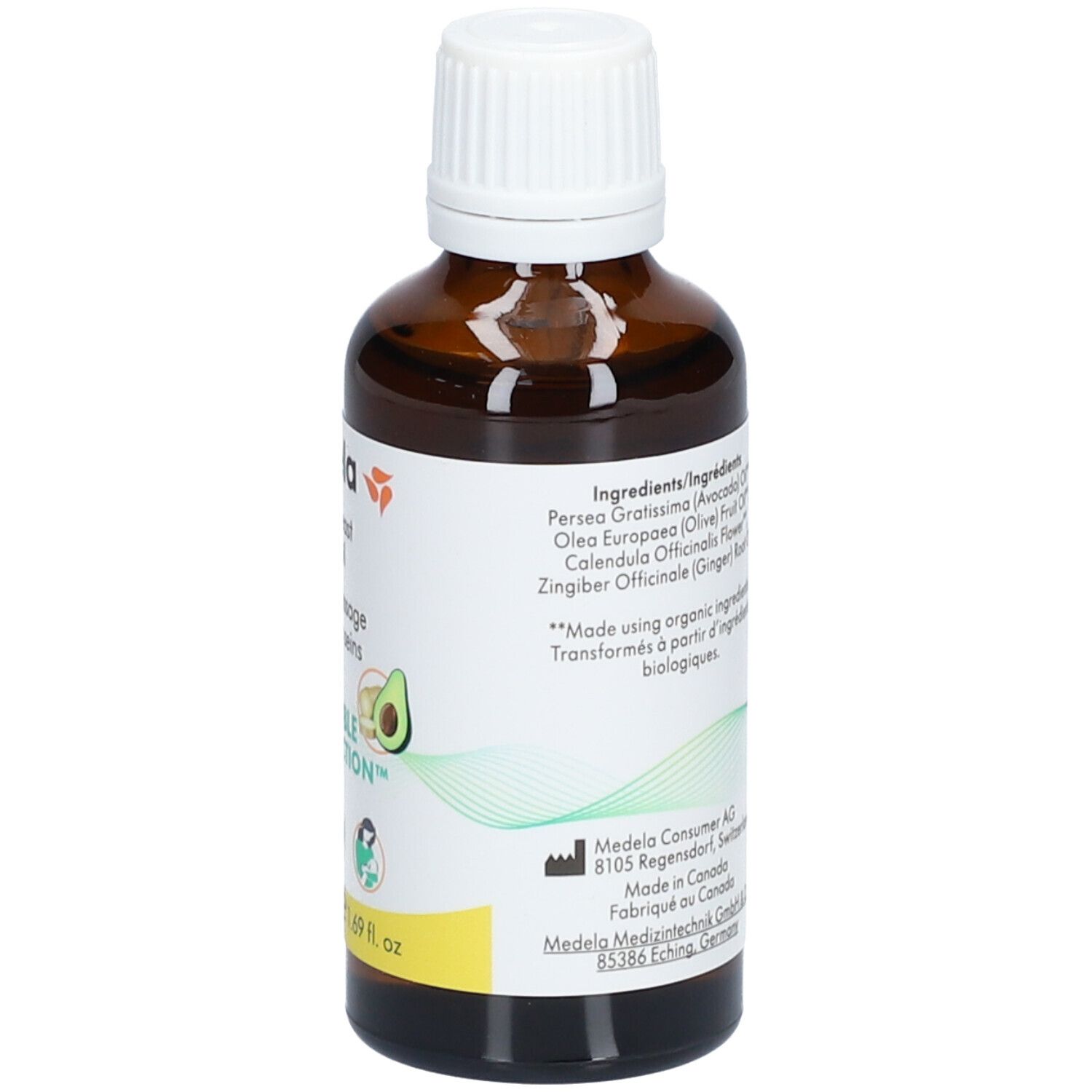 Flacone di vetro marrone con tappo bianco. Etichetta con nome del prodotto, illustrazione di avocado e indicazione del volume.