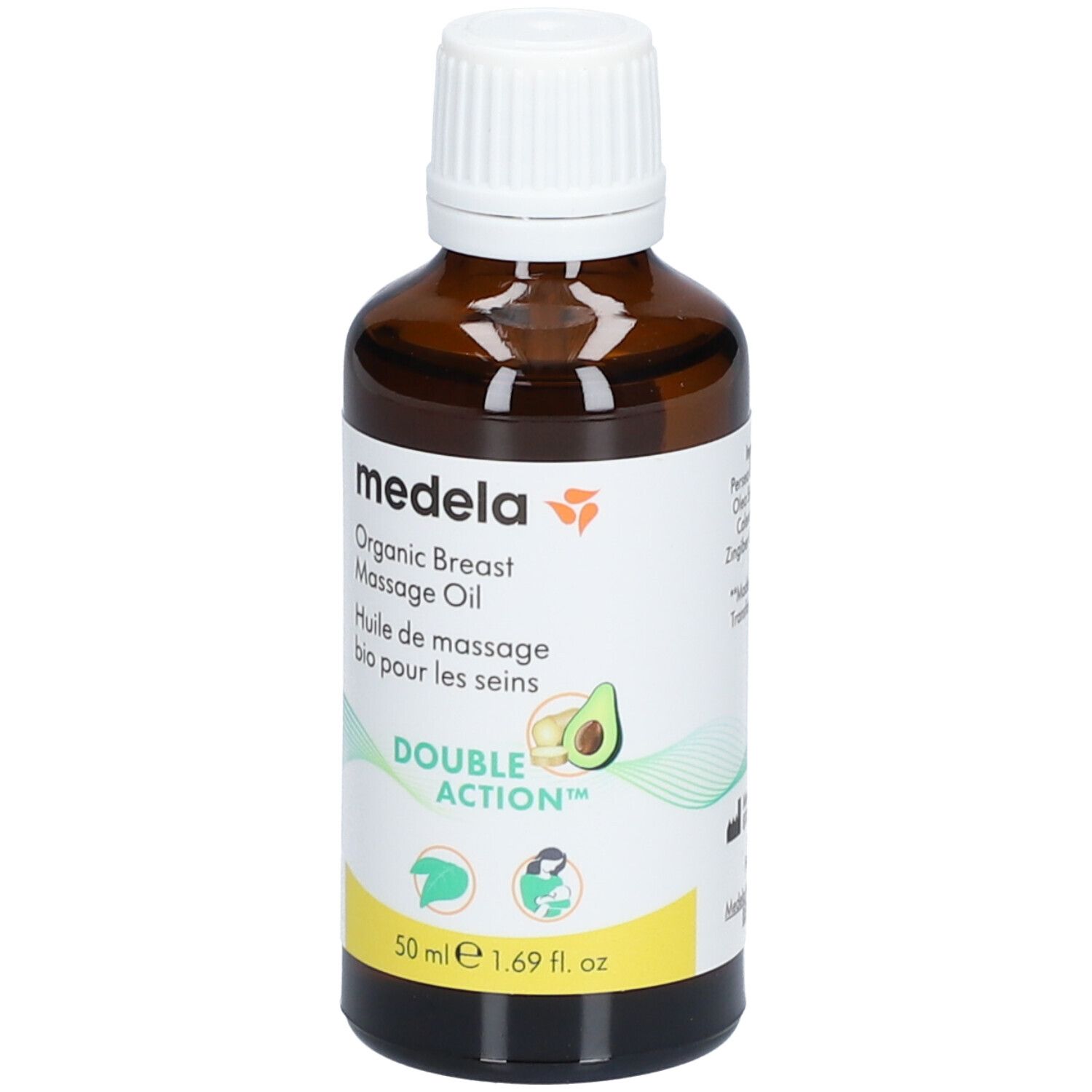 Flacone di vetro marrone con tappo bianco. Etichetta con nome del prodotto, illustrazione di avocado e indicazione del volume.