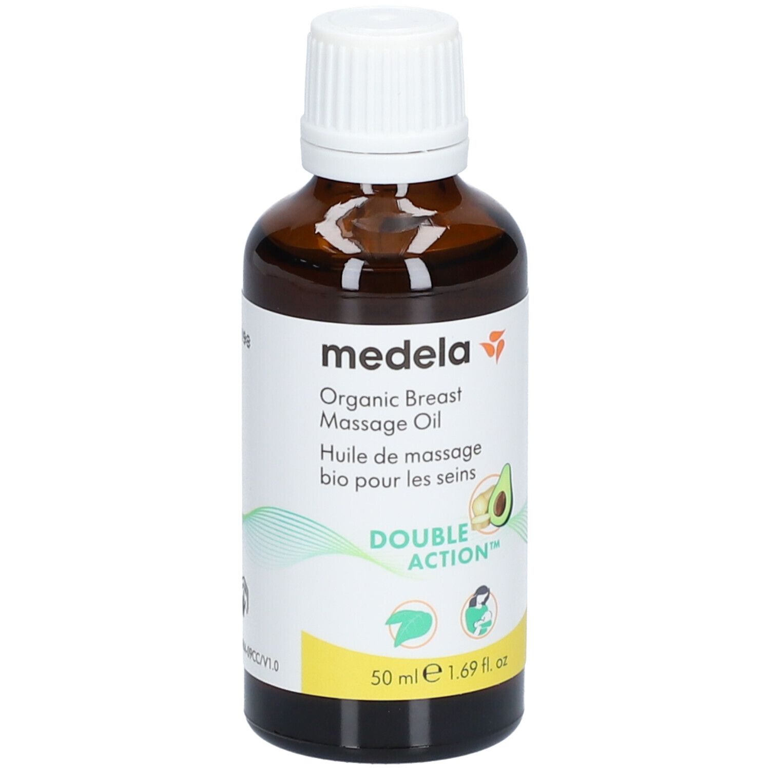 Flacone di vetro marrone con tappo bianco. Etichetta con nome del prodotto, illustrazione di avocado e indicazione del volume.