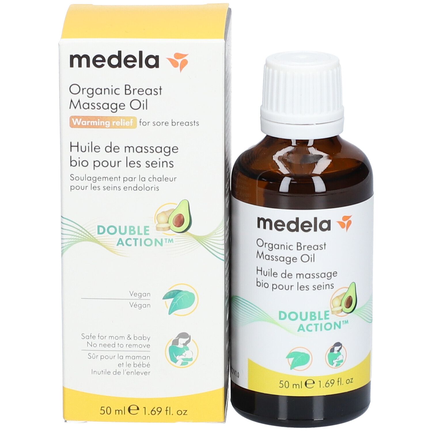 Flacone e confezione. Flacone con etichetta, illustrazione di avocado. Confezione con nome del prodotto e logo.