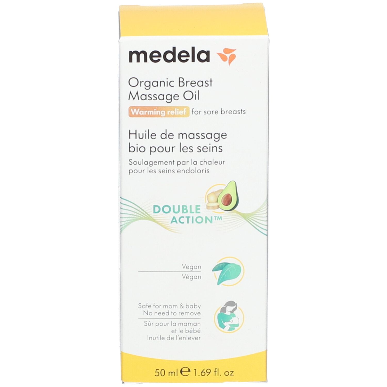 Confezione con nome del prodotto, logo e illustrazione di avocado. Testo: 'Warming relief for sore breasts'.