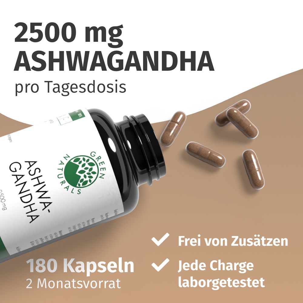 Barattolo GREEN NATURALS Ashwagandha 2500 mg, 180 capsule. Capsule sciolte accanto.