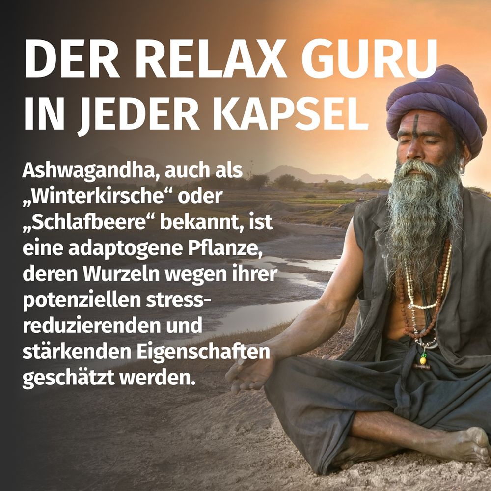 Uomo in meditazione con testo sull'Ashwagandha, nota anche come ciliegia invernale.
