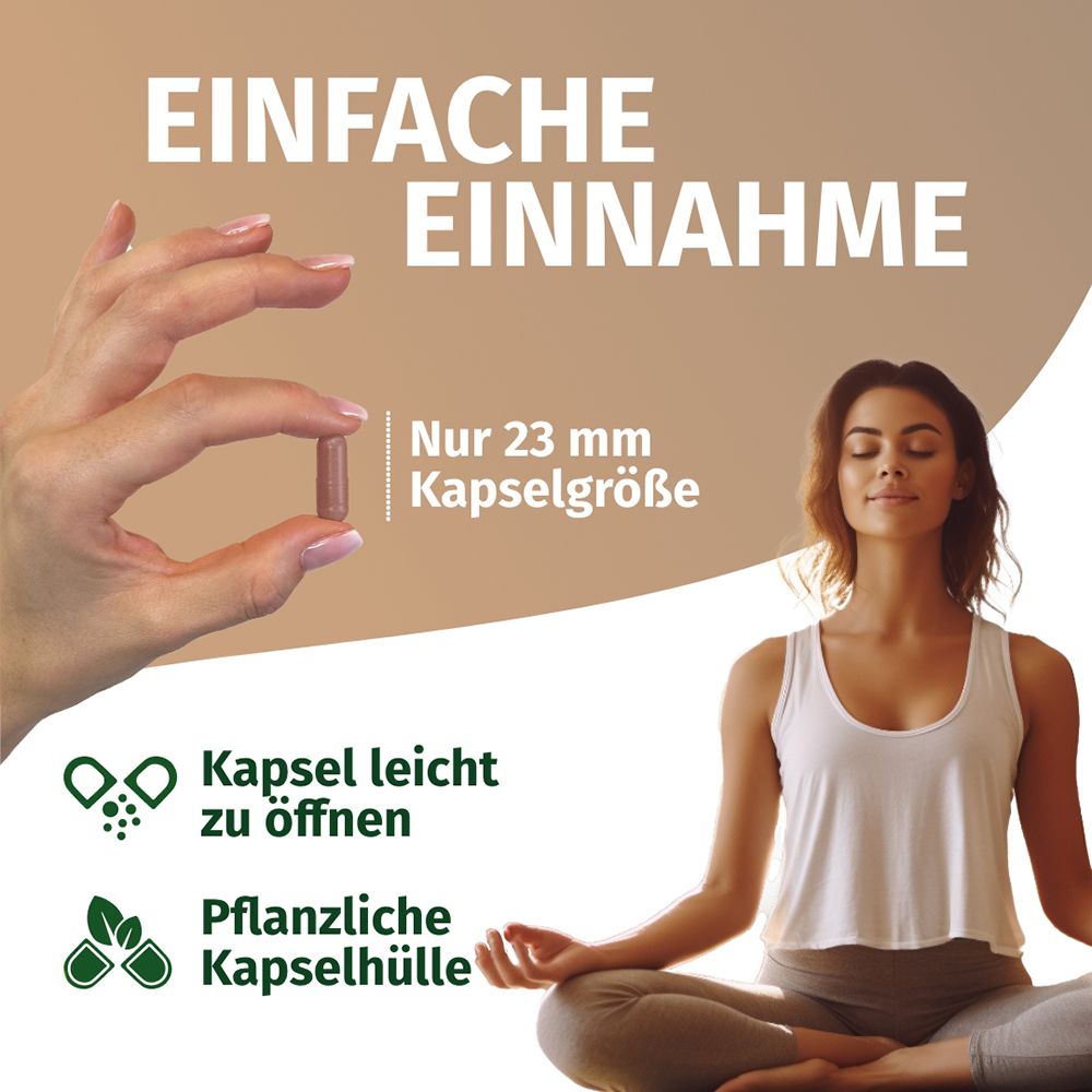 Mano mostra la dimensione della capsula (23 mm). Donna in meditazione. Involucro vegetale.