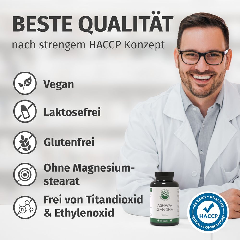 Uomo in camice con barattolo di Ashwagandha. Certificazioni: Vegano, Senza lattosio, Senza glutine.