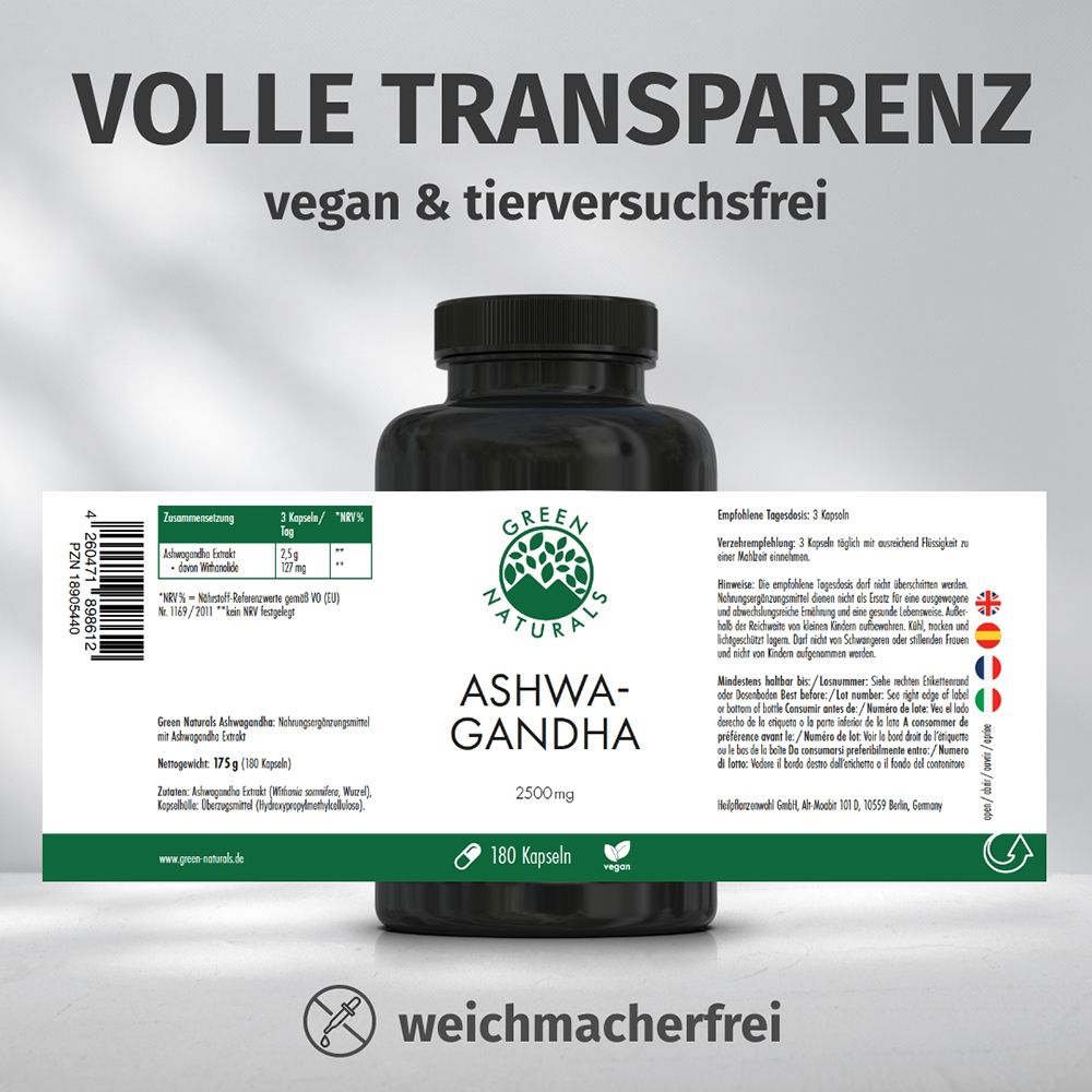 Retro del barattolo GREEN NATURALS Ashwagandha con etichetta e sigilli.