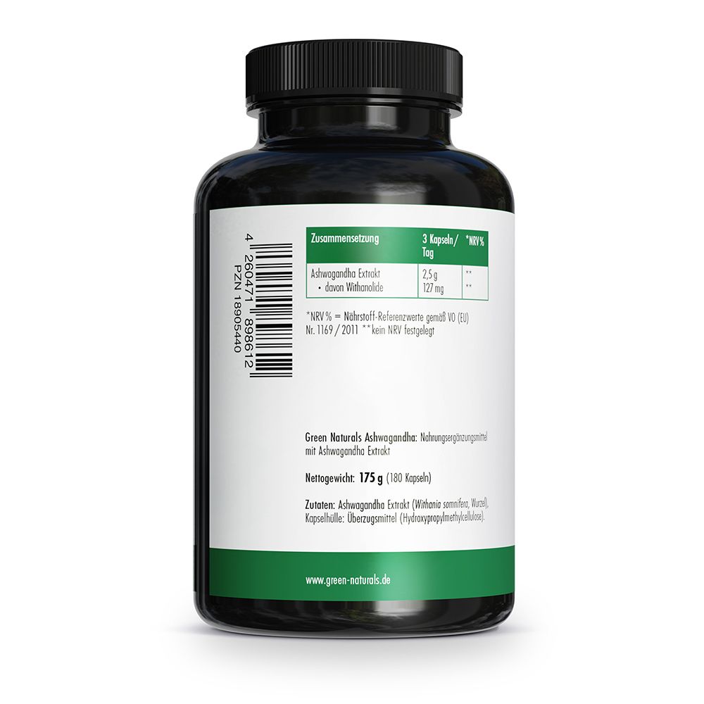 Vista laterale del barattolo GREEN NATURALS Ashwagandha con etichetta.