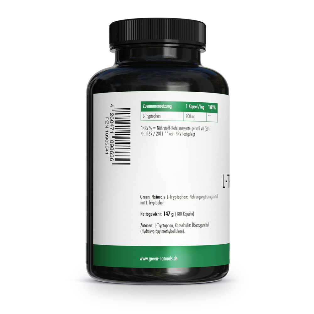 Retro delle capsule L-Triptofano Green Naturals 700 mg con informazioni nutrizionali.