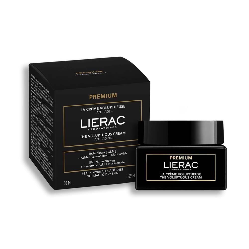 Scatola e vasetto neri. Scritta: PREMIUM LIERAC. Testo: LA CRÈME VOLUPTUEUSE. 50 ml.