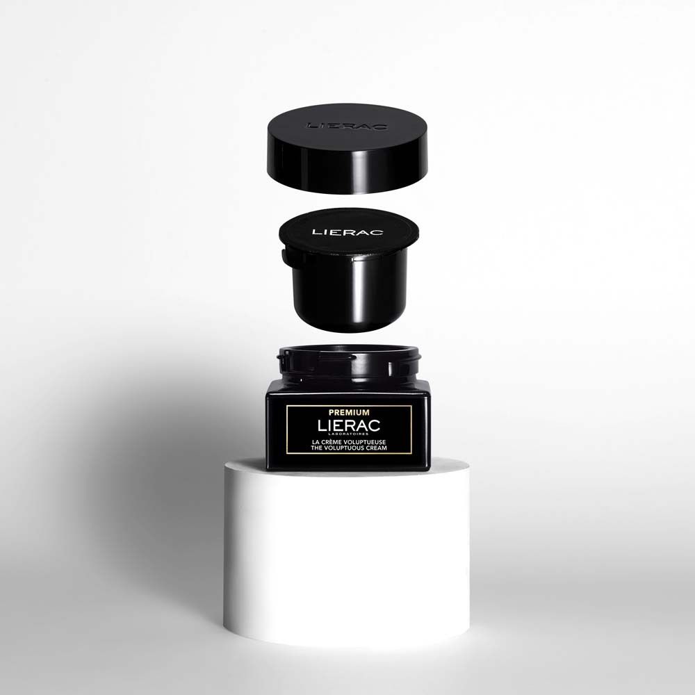 Componenti del prodotto: vasetto di crema, coperchio e ricarica. LIERAC, Premium, La Crème Voluptueuse.