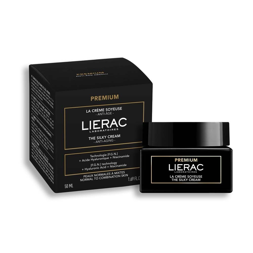 Vaso e scatola neri. Scritta: PREMIUM, LIERAC, LA CRÈME SOYEUSE, THE SILKY CREAM.