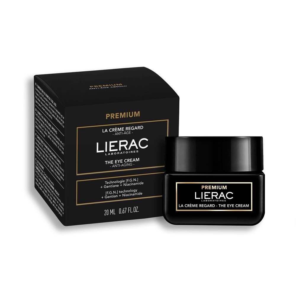 Scatola e vasetto neri. Scritta: PREMIUM LA CRÈME REGARD - ANTI-ÂGE. LIERAC LABORATOIRES.