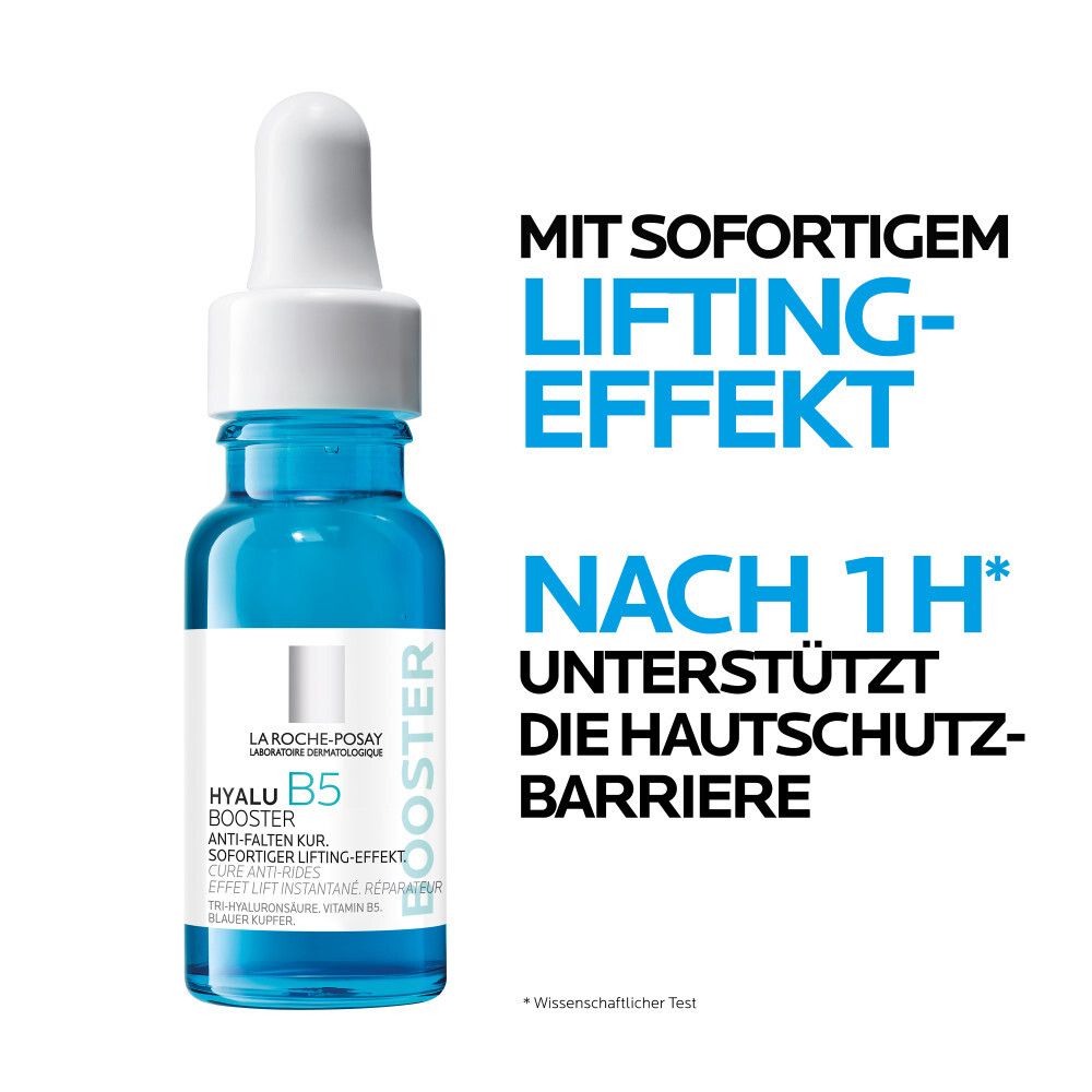 Flacone di siero Hyalu B5 Booster. Testo: Effetto lifting immediato, supporta la barriera cutanea dopo 1 ora.