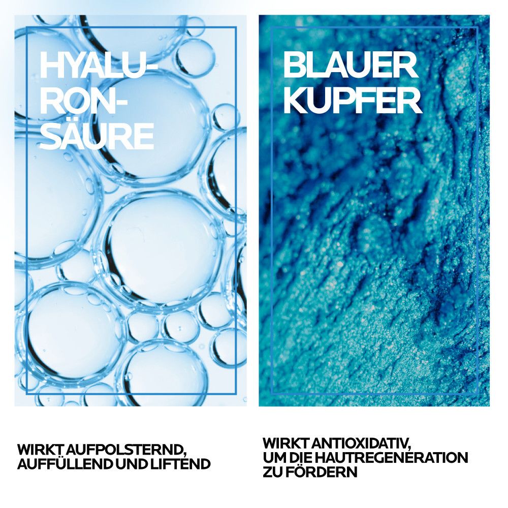 Due illustrazioni: acido ialuronico e rame blu. Testo: Effetto rimpolpante e antiossidante.