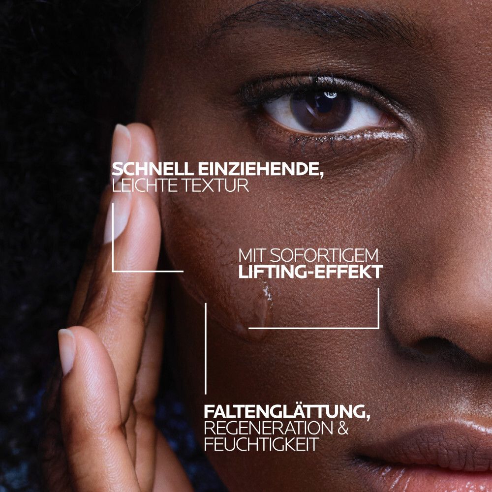 Viso di una donna. Testo: Texture leggera ad assorbimento rapido. Effetto lifting immediato, levigatura delle rughe.