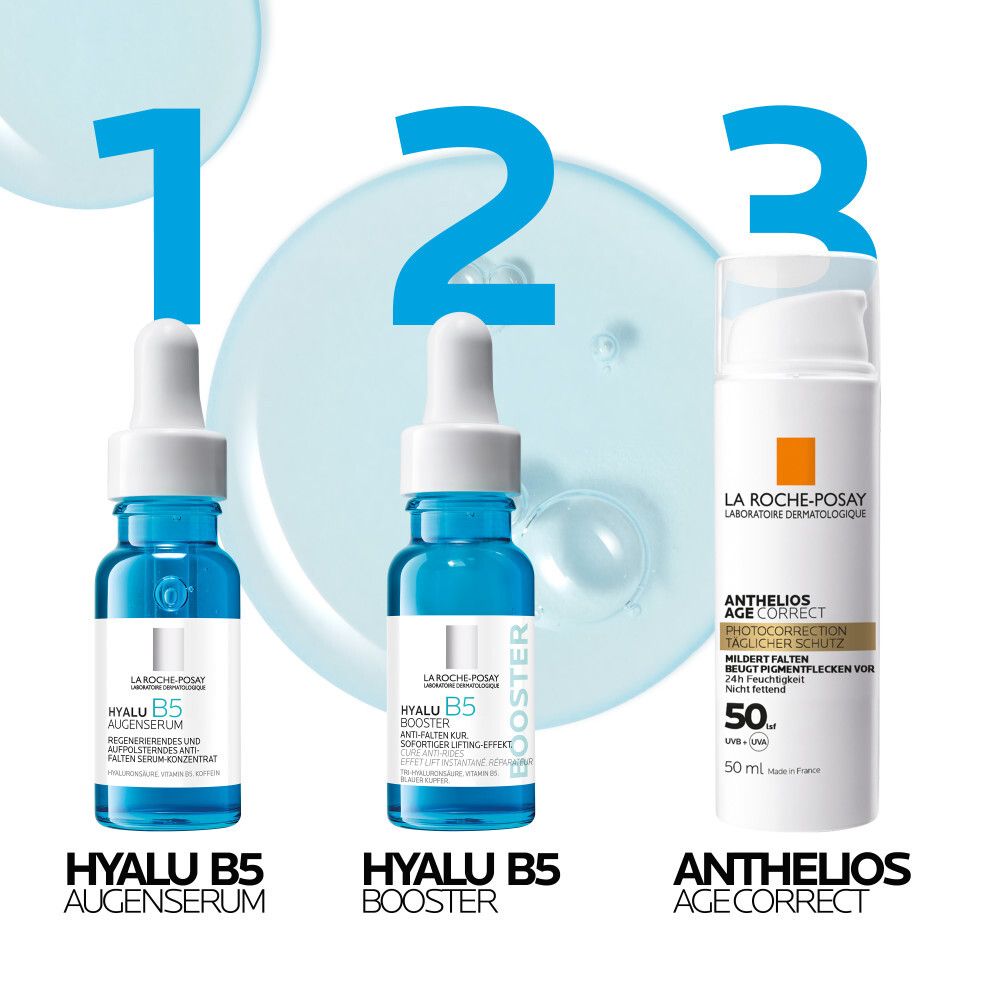 Tre prodotti: siero occhi Hyalu B5, Hyalu B5 Booster, Anthelios Age Correct. Tutti con tappo bianco.