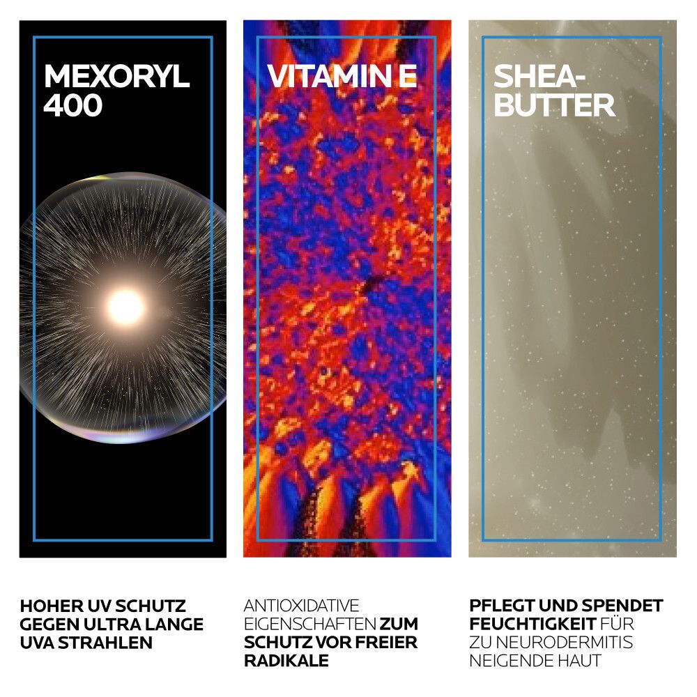Tre grafici: Mexoryl 400, Vitamina E, Burro di Karité. Descrizioni: alta protezione UV, antiossidante, nutre e idrata.