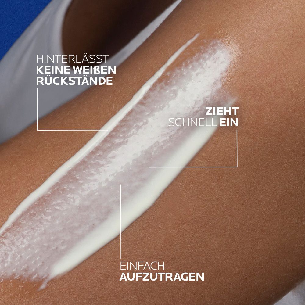 Braccio con crema solare applicata. Testo: Non lascia residui bianchi, assorbe rapidamente, facile da applicare.