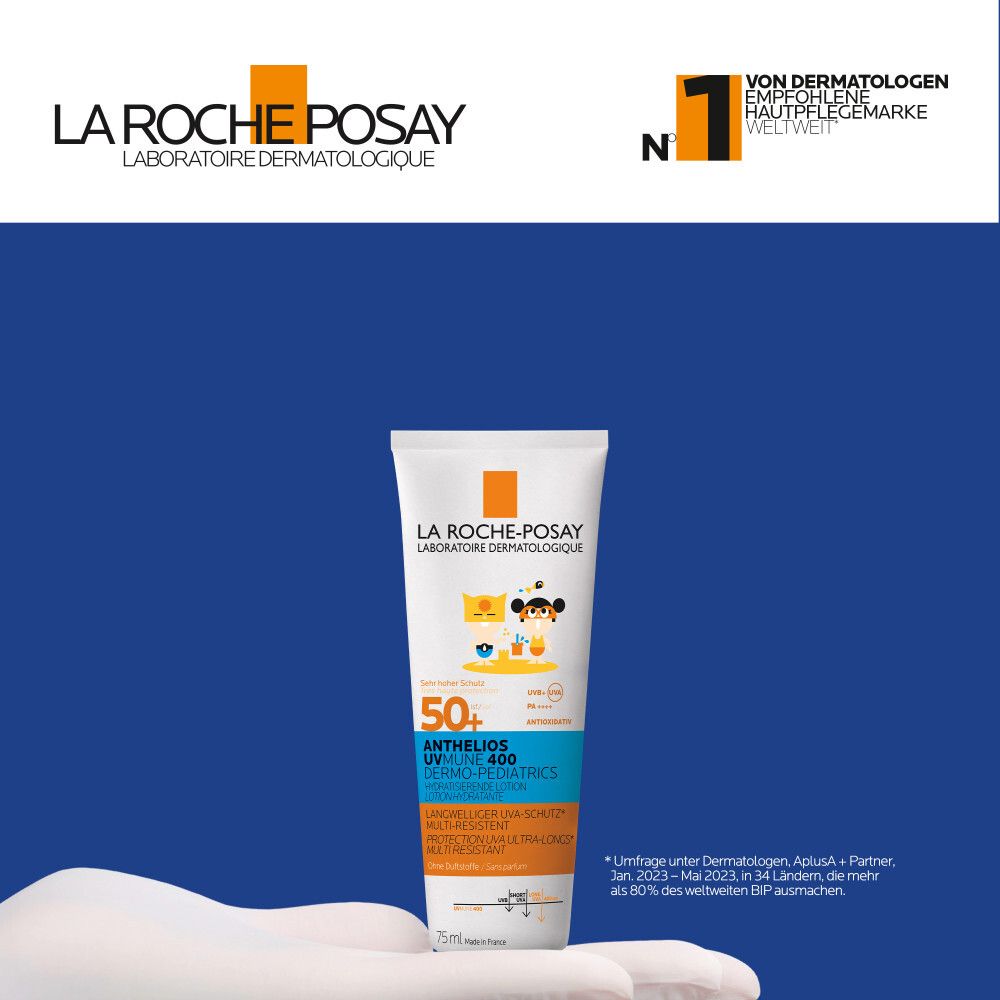 La Roche-Posay Anthelios latte solare bambini SPF 50+ su sfondo blu. Logo e informazioni prodotto. Marchio dermatologico.